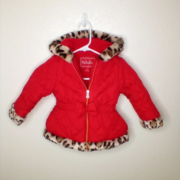 "Pistachio" Girls Quilted Hooded Coat Red & Animal Fur Trim (3T) - Picture 5 of 8